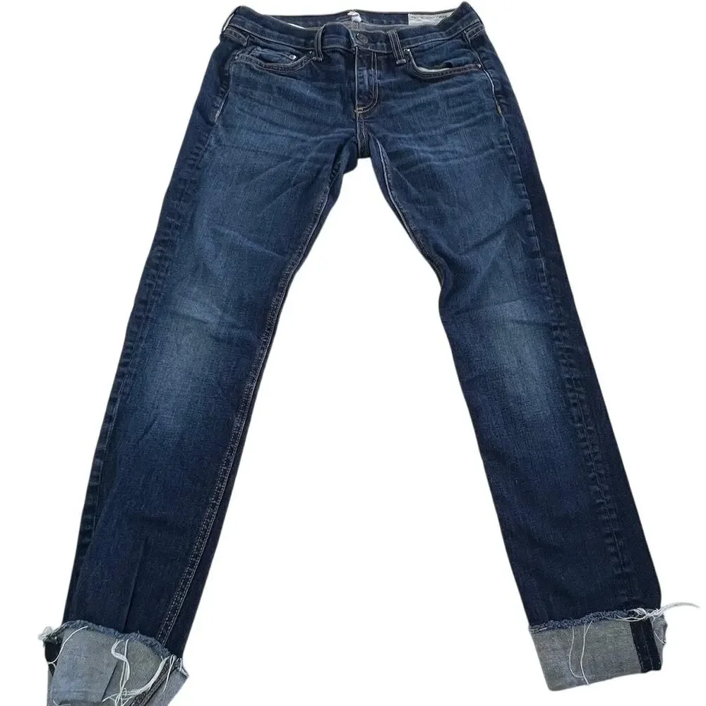 Rag & Bone Jeans Womens 25 Blue Dre Skinny Cuffed Hem Distressed Denim Casual - Picture 2 of 10